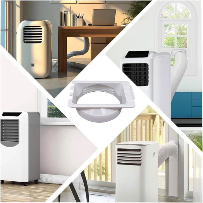 Collage de quatre scènes montrant des climatiseurs portables blancs utilisés dans différentes pièces, avec des tuyaux soufflés sortant par une fenêtre. Au centre, le connecteur de tuyau blanc est superposé, montrant son