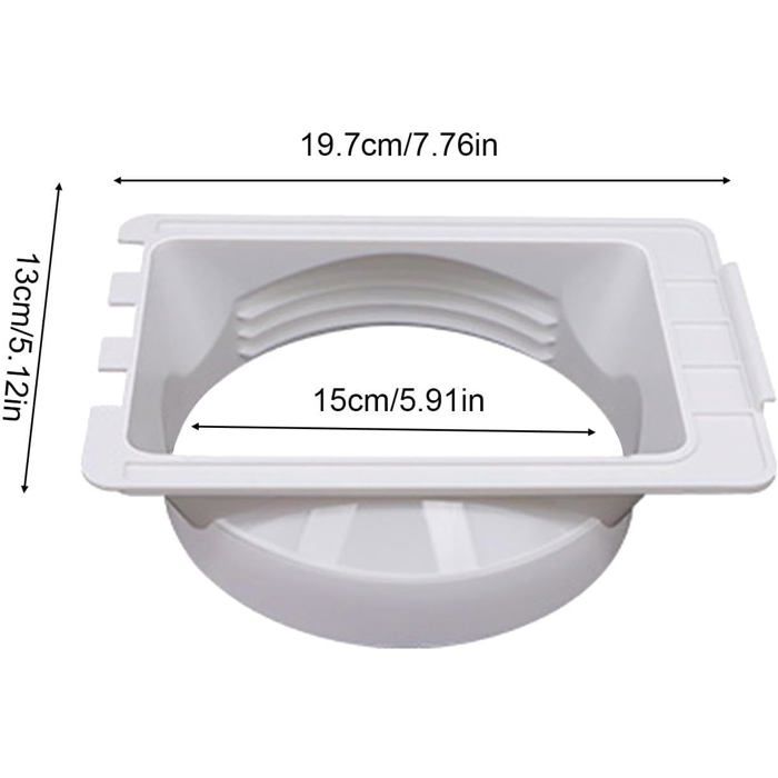 Connecteur de tuyau blanc avec annotations de dimensions : largeur 19,7 cm (7,76 pouces), hauteur 13 cm (5,12 pouces), diamètre intérieur 15 cm (5,91 pouces).