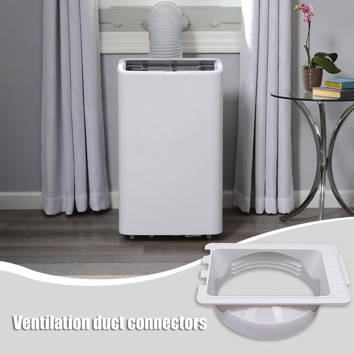 Un climatiseur portable blanc est placé devant une fenêtre, avec un tuyau souple gris sortant par le haut. En bas à droite, le même connecteur de tuyau blanc est superposé sur un fond gris clair. Le texte Ventilation