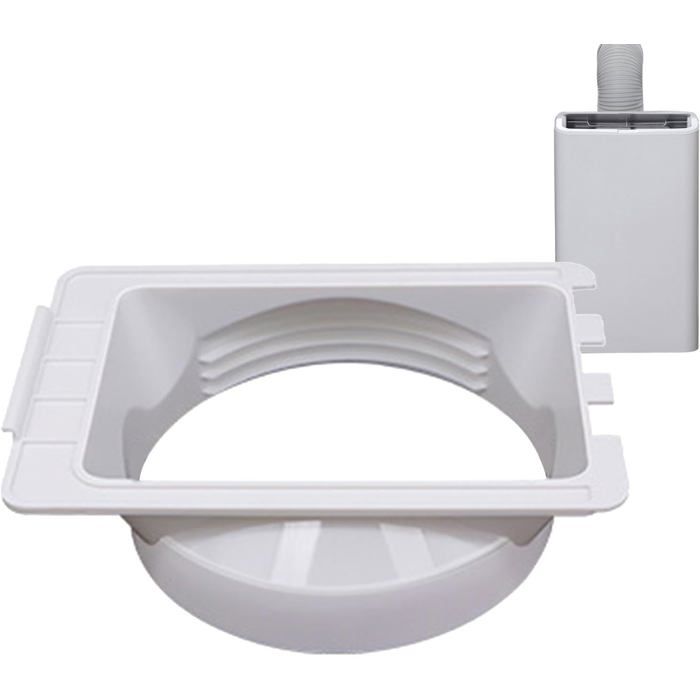 Connecteur de tuyau en plastique blanc, de forme rectangulaire avec un trou circulaire central. Il possède une base arrondie avec des nervures radiales et des languettes de fixation sur les côtés. En arrière-plan, un