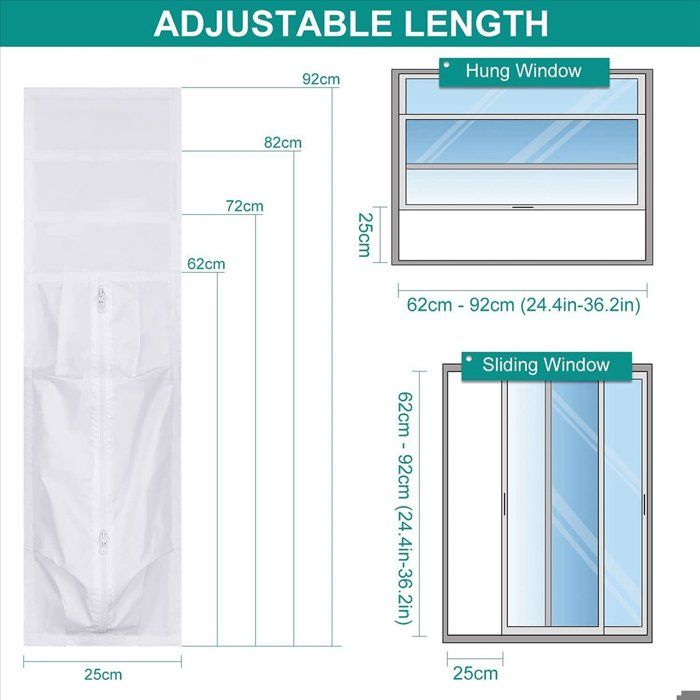 Schéma technique montrant les dimensions ajustables du kit de fenêtre (62 cm à 92 cm) et sa compatibilité avec les fenêtres à battant et coulissantes.