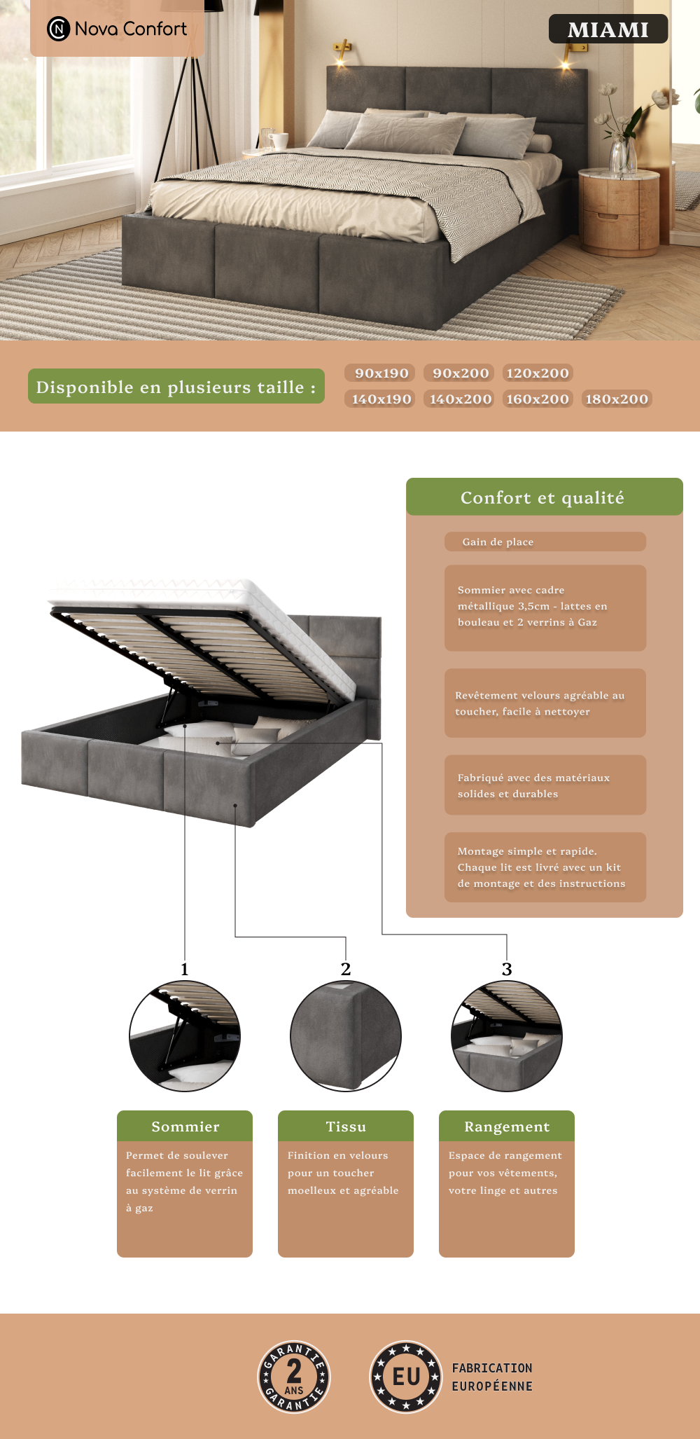 Image de la fiche technique du lit Miami avec une description de la qualité et du confort
