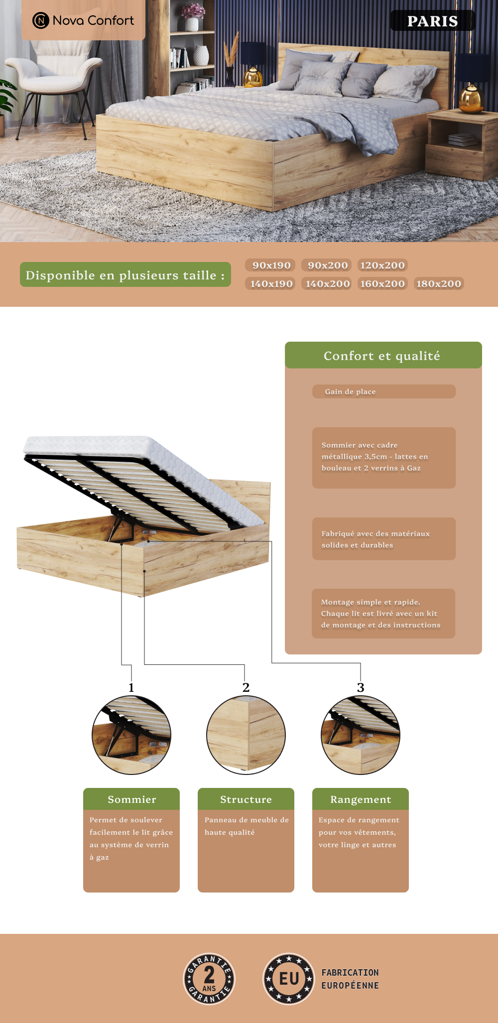 Image de la fiche produit du lit coffre Paris en 140x200cm