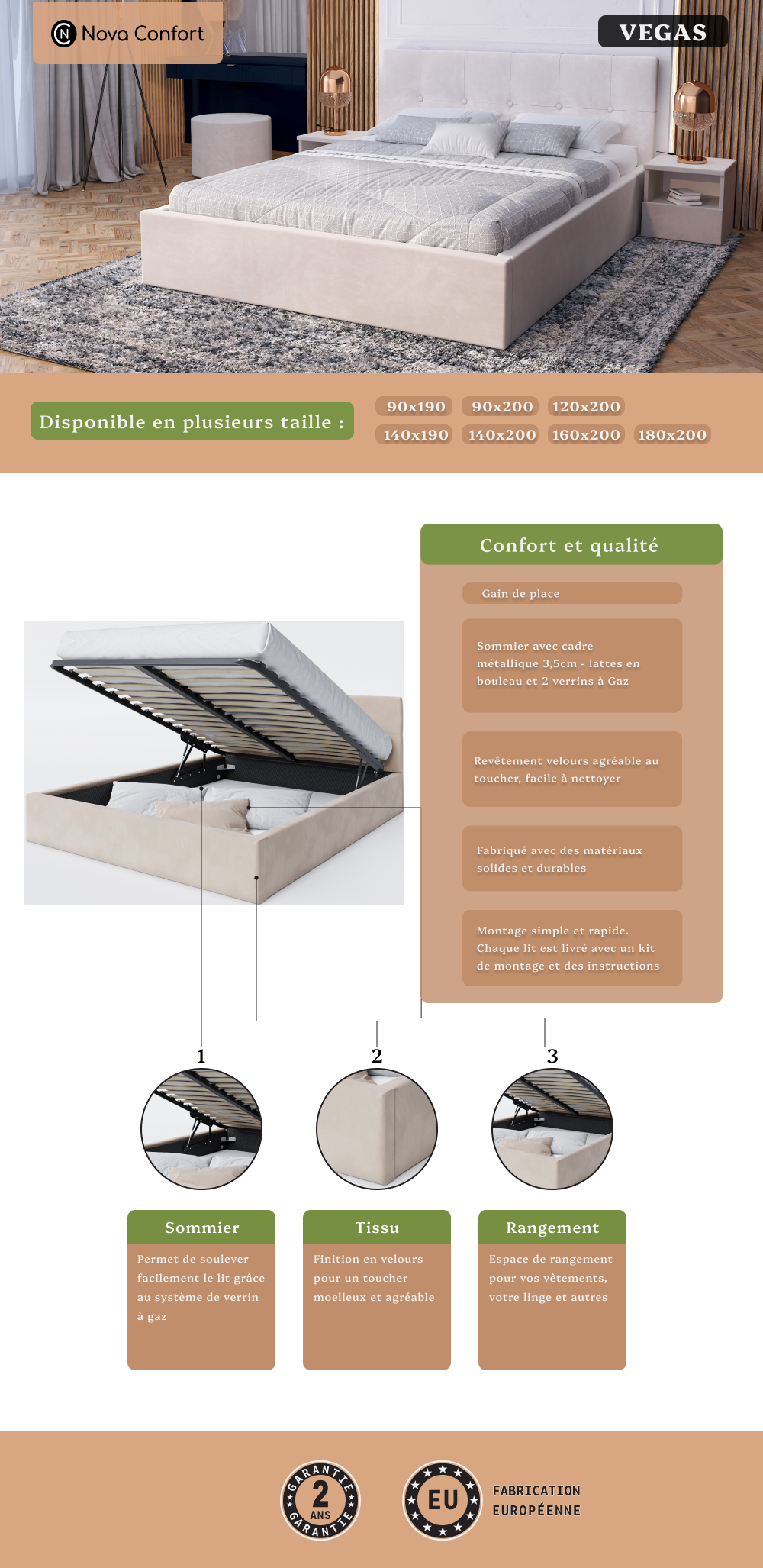 Image de la fiche technique du lit Vegas avec une description de la qualité et du confort