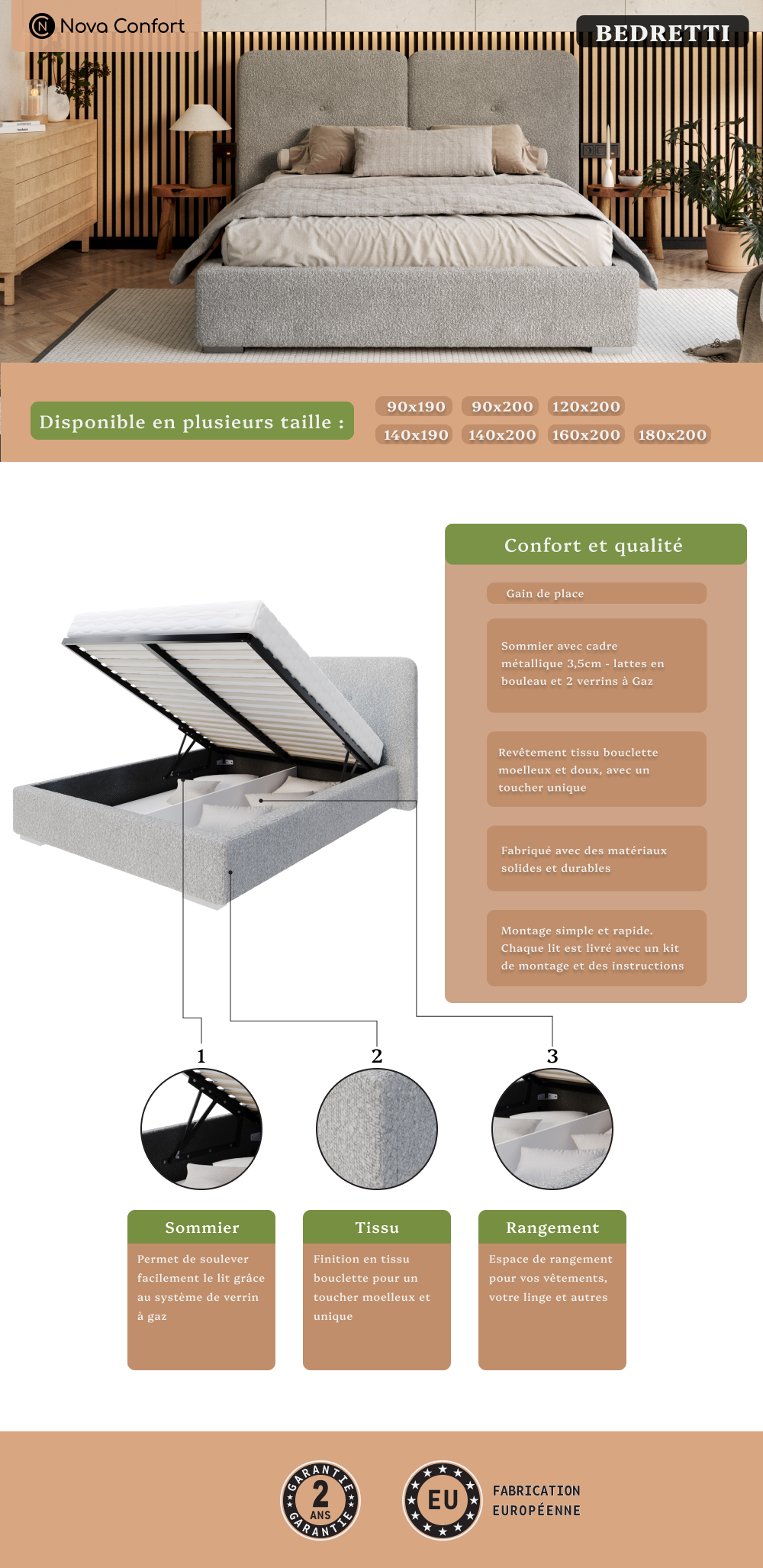 Image de la fiche technique du lit coffre Bedretti tissu bouclette