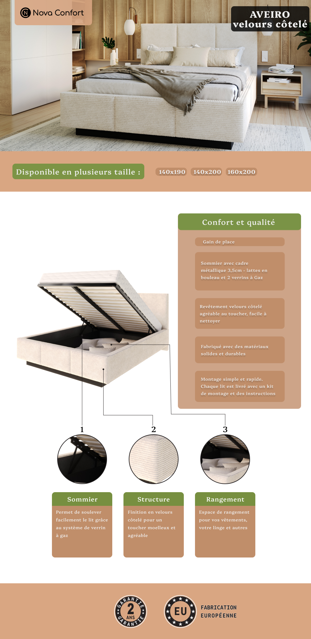 Image de la fiche technique du lit coffre Aveiro velours côtelé
