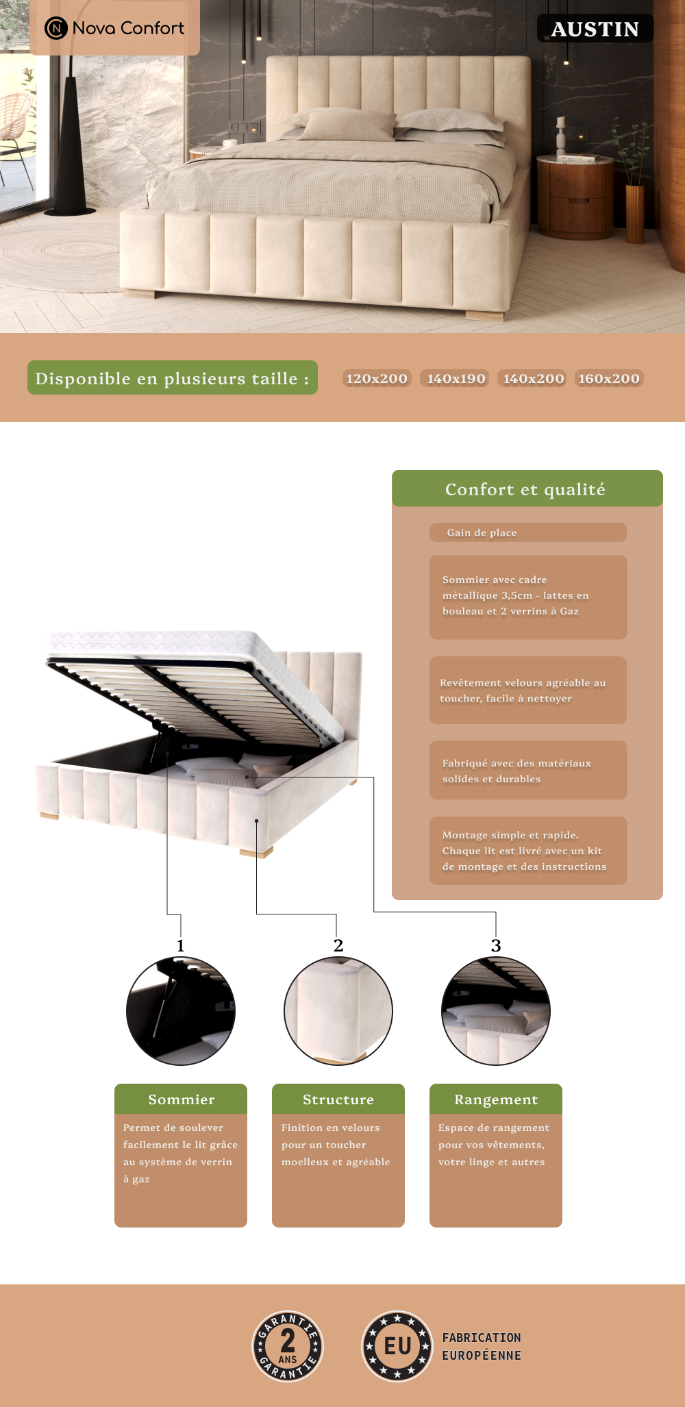 Image de la fiche technique du lit coffre Austin en 140x190 cm