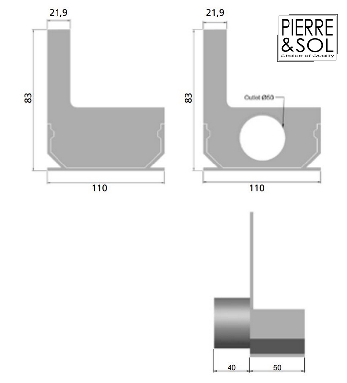 Dimensions Embout Caniveau à fente aluminium SideDrain L&S