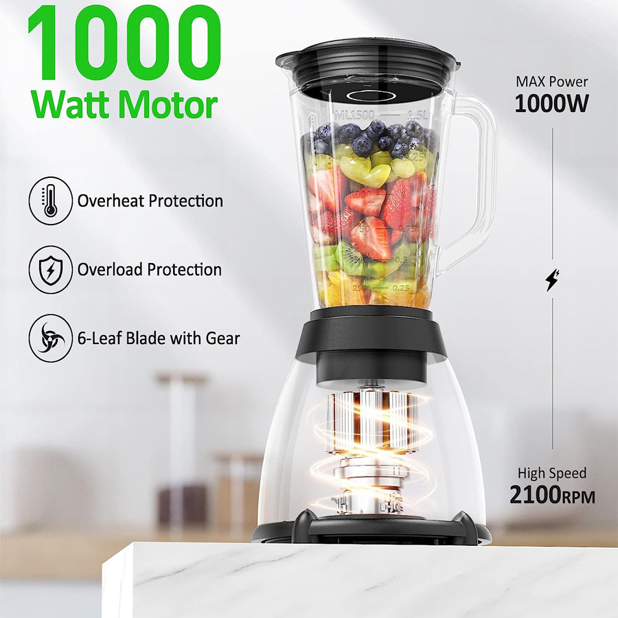 Blender Professionnel 6000W - Mixeur Multifonction Avec Bol En Verre 2,5L - 4 Lames Inox - 9 Vitesses - Idéal Smoothies Et Glace