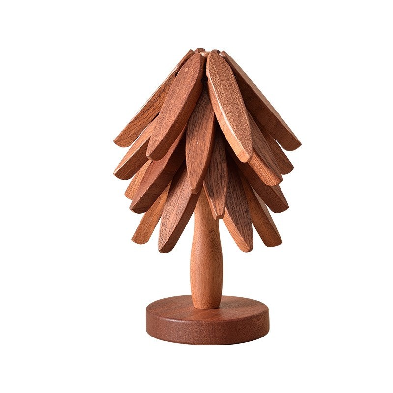 Sottobicchieri in legno a forma di albero con supporto, set da 4, sottopentola da cucina pieghevole a forma di albero, legno di sapelli resistente al calore, adatto per pentole calde, piatti, teiere