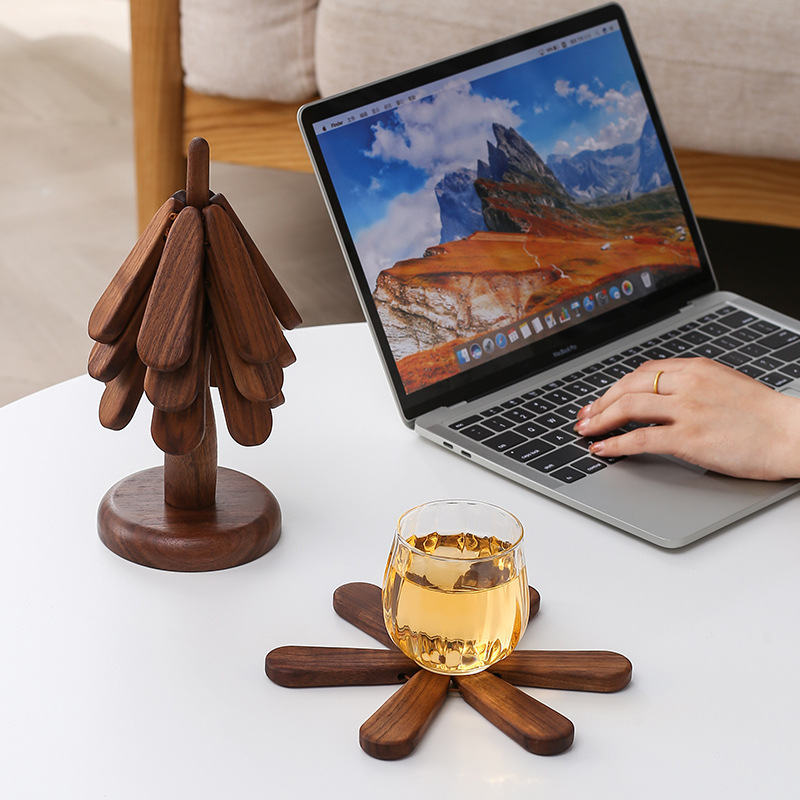 Sottobicchieri in legno a forma di albero con supporto, set da 4, sottopentola da cucina pieghevole a forma di albero, legno di sapelli resistente al calore, adatto per pentole calde, piatti, teiere