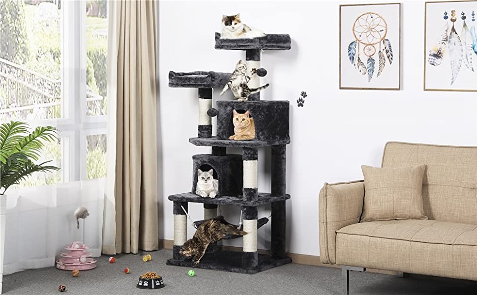 Yaheetech Arbre à Chats 149 Cm Griffoir Grattoir Avec Base Plus Large/Grand Hamac/2 Niche/2 Perchoirs/2 Boules De Peluche/Corde De Sisal - Multi-Niveaux Gris Foncé -Amis Poils Soldes Boutique