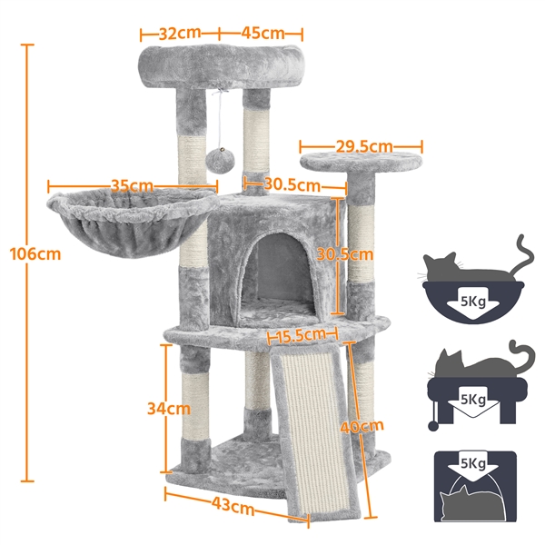 Tiragraffi Per Gatti Yaheetech 94 Cm - Con Cucce, Sisal E Piattaforme - Foto 6