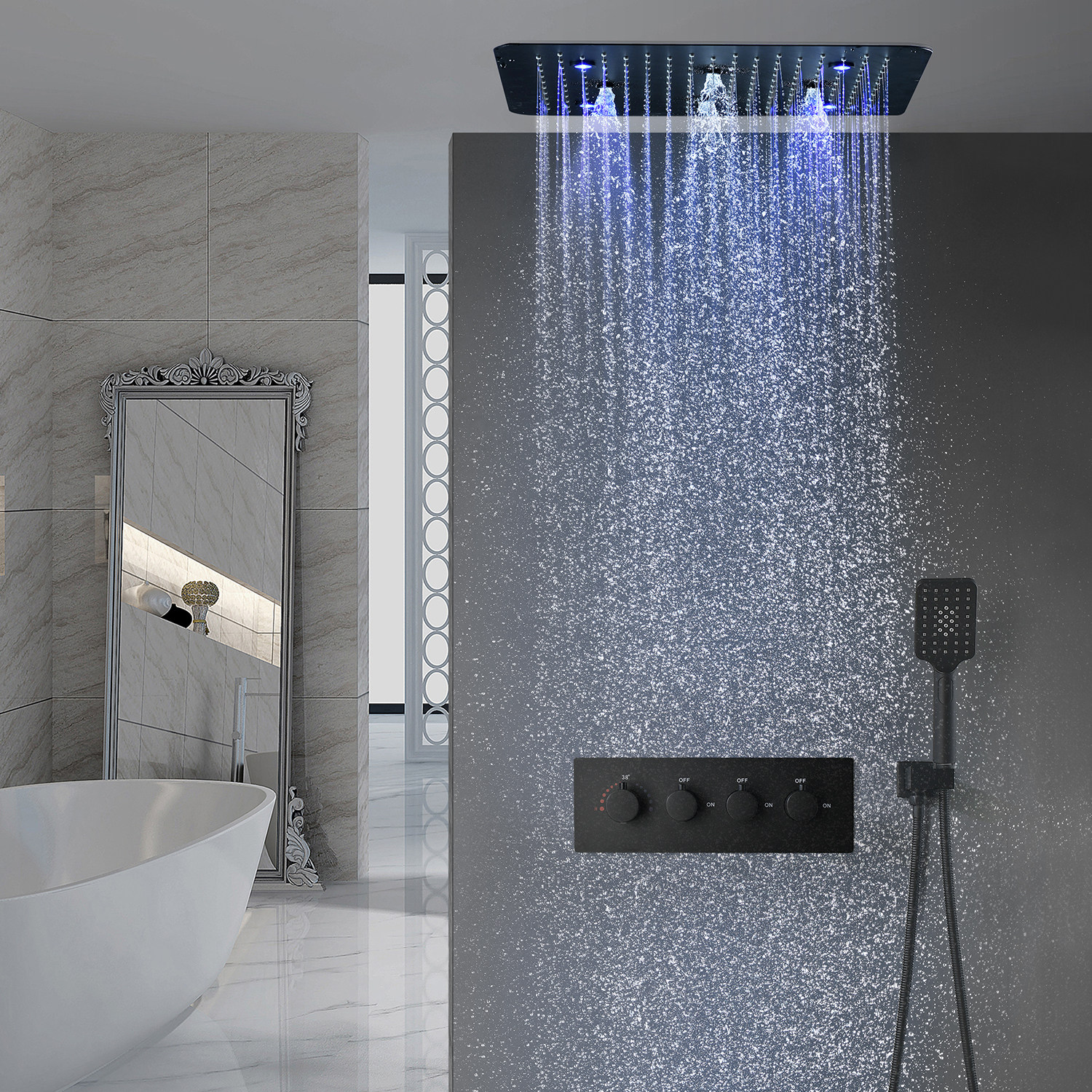 Panel de ducha dorado con luz LED, columna de ducha con seis funciones,  torre con pantalla