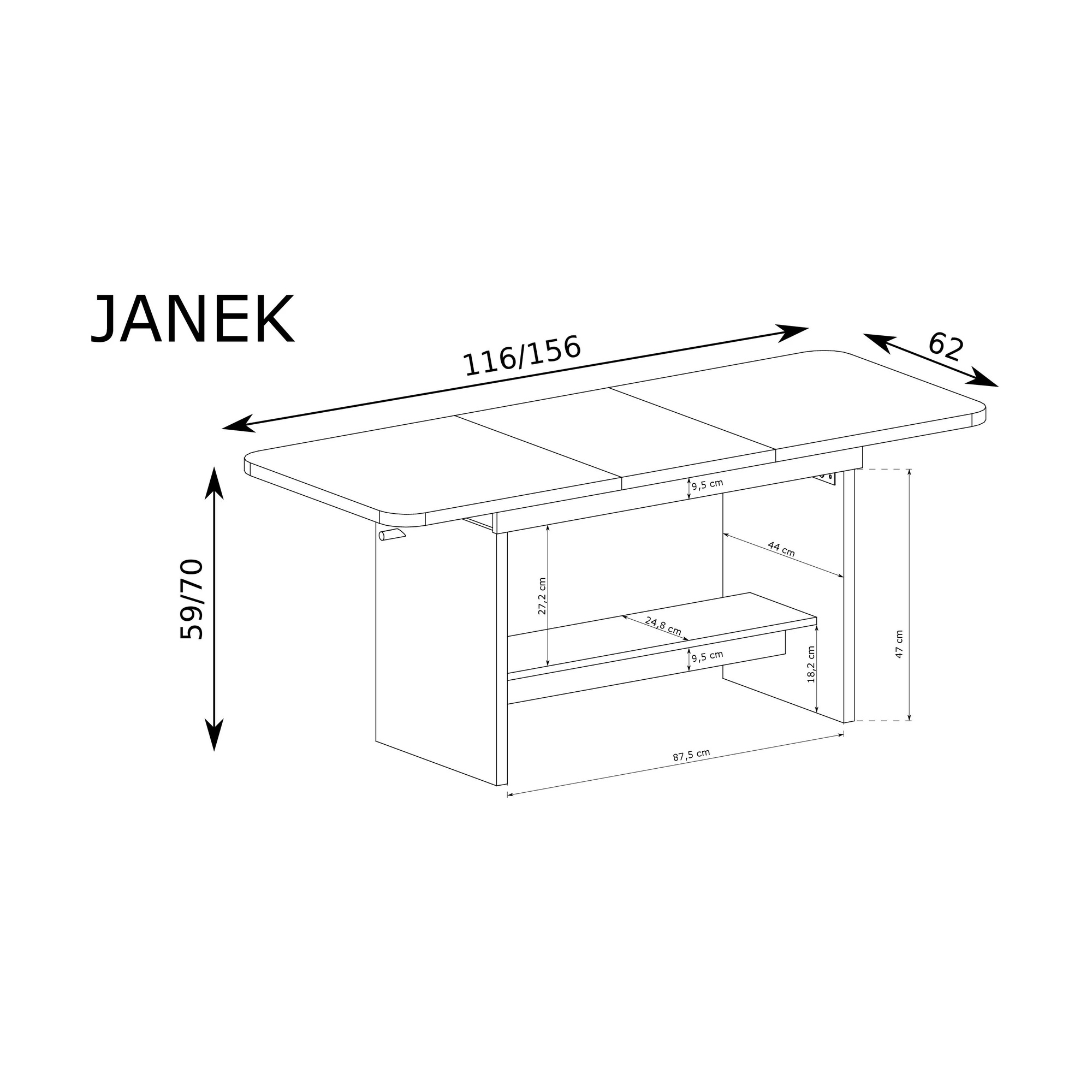 Raumhirsch Table basse JANEK 62x70x156 cm Hauteur réglable Avec rangement cachemire – détail 2