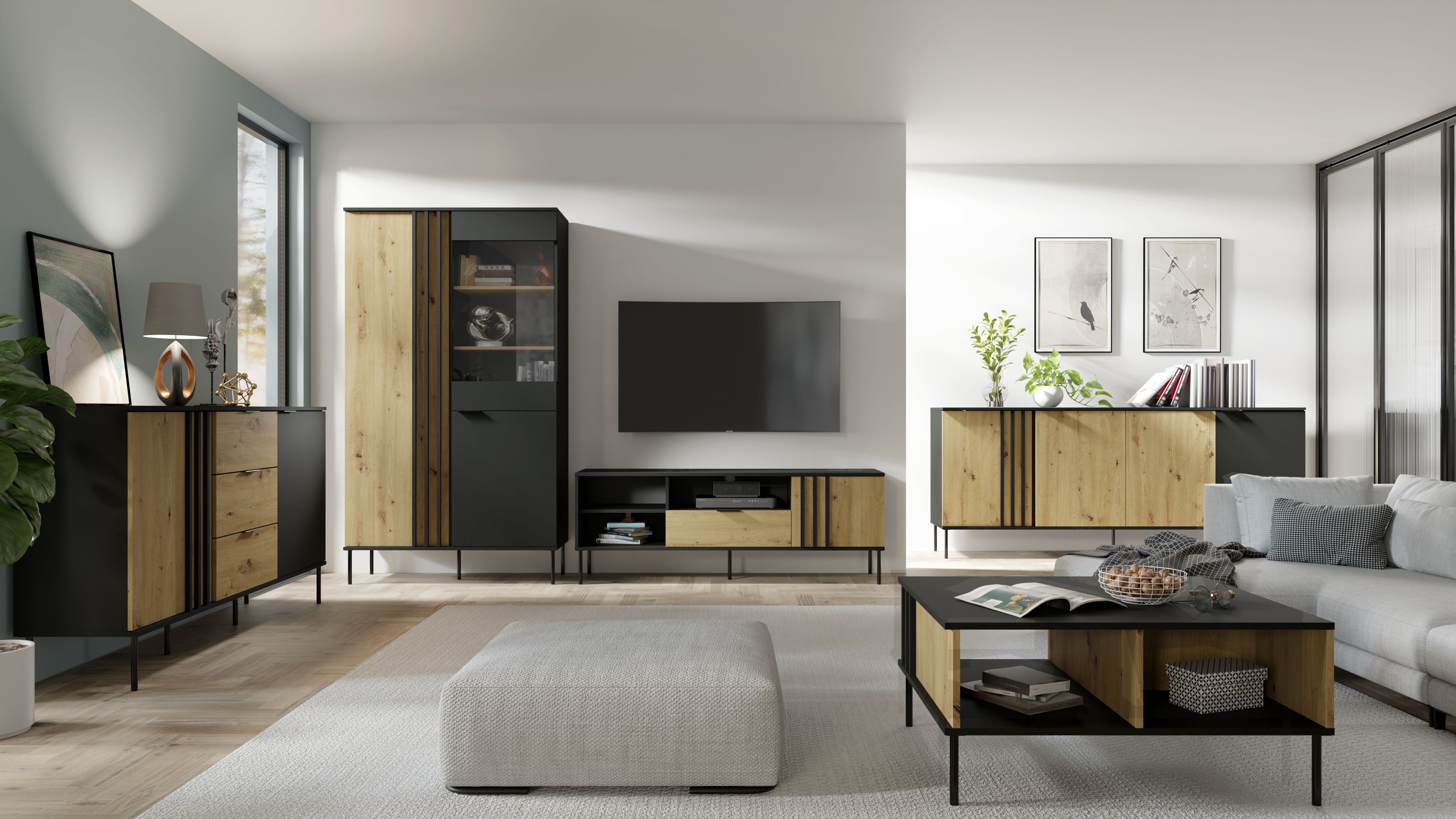 Raumhirsch Table basse RIMINI 87x43,2x66 cm Avec rangement noir / chêne Artisan – détail 1