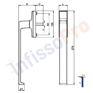 disegno tecnico di una maniglia per alzante scorrevole o infisso scorrevole master italy linea italia modello A3080