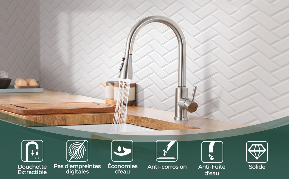 Robinet de cuisine rétractable en acier inoxydable 304
