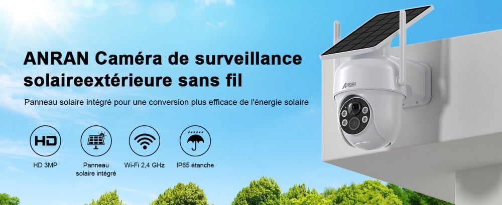 ANRAN Caméra de Surveillance 2K HD 3MP Batterie Solaire Extérieur