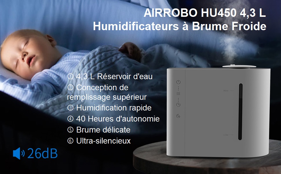 Humidificateur Airrobo 4,3l humidificateur d'air maison à remplissage  supérieur, froid humidificateur pour bébé, dure 40h, silencieux, minuterie