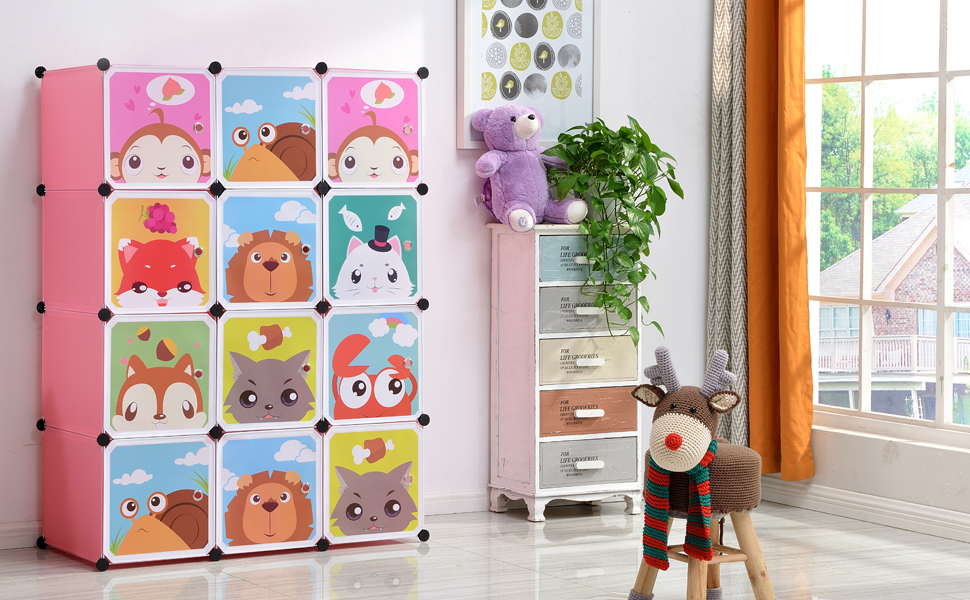 12-Cube Armoire de Chambre Enfant avec Motifs d'animaux,Penderie Modulable  Meuble Étagère de Rangement 111 x 147 x 37 cm - Cdiscount Maison