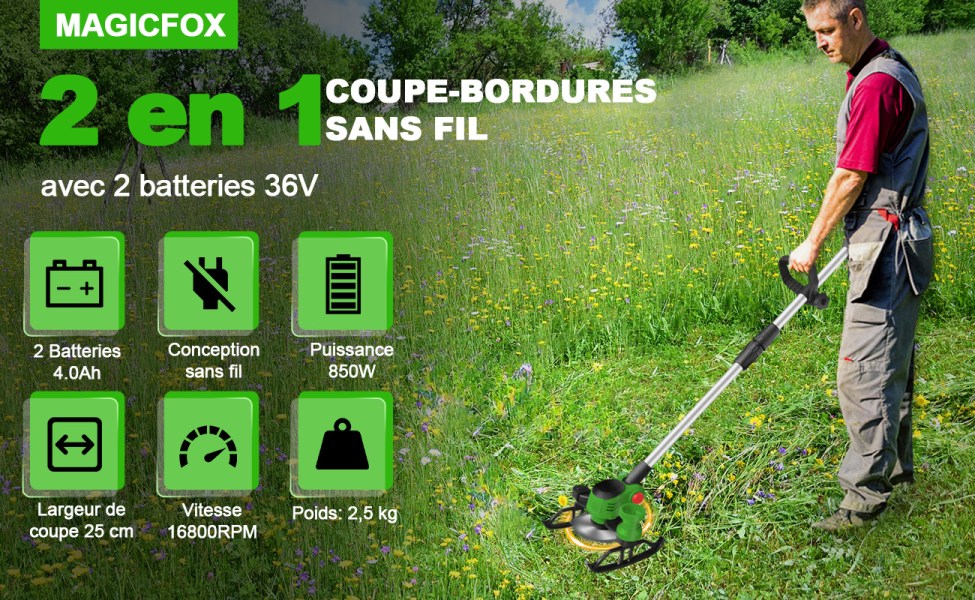 Débroussailleuse électrique Sans Fil - Moteur 800W, 2 Batteries 4,0 Ah, 4 Types De Lames, Perche Télescopique 115-145 Cm