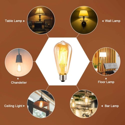 Lot de 6 Ampoules LED 6W Edison Vintage E27 - Ampoule à filament ST64 2200K  Blanc Chaud - Equivalent à Ampoule Incandescente 48W - Cdiscount Maison