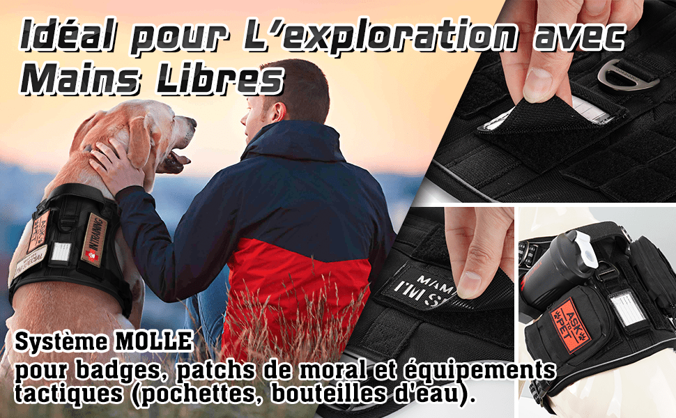 Harnais Chien Anti Traction, Harnais Tactique Chien Réfléchissant Réglable avec Poignée et Anneaux pour Entraînement Chasse Noir