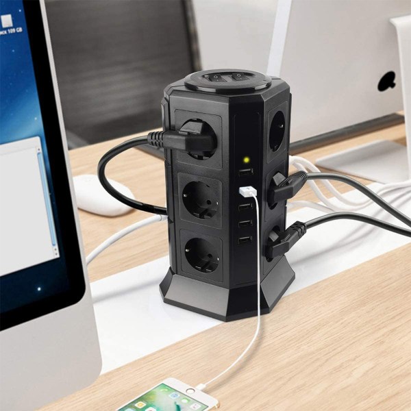 Ciabatta Angolare 8-in-1 Con 4 Prese + 4 USB (2 USB-C) - Protezione Sovratensione, Cavo 2m, Nero - Perfetta Per Angoli - Foto 5