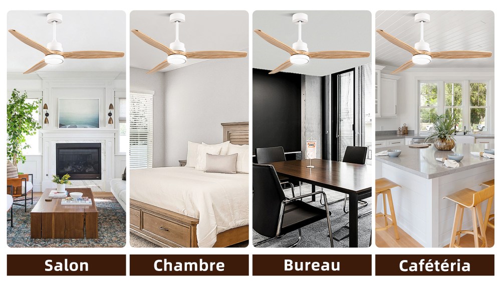 Scènes d’Utilisation Polyvalentes |  Notre ventilateur plafond est conçu pour s’adapter à tous les espaces de votre maison, apportant confort et style partout。 Salon : Rafraîchissez l’espace familial, profitez de moments de détente avec la lumière adaptée. Chambre à coucher : Vent silencieux + lumière douce, assurez-vous un sommeil paisible toute la nuit. Salle à manger : Évitez la chaleur pendant les repas, gardez l’air frais et agréable. Bureau à domicile : Vent confortable pour améliorer votre efficacité de travail, sans bruit gênant.