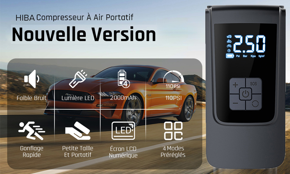 Compresseur à air portatif 4000mAh avec écran LCD et lampe LED