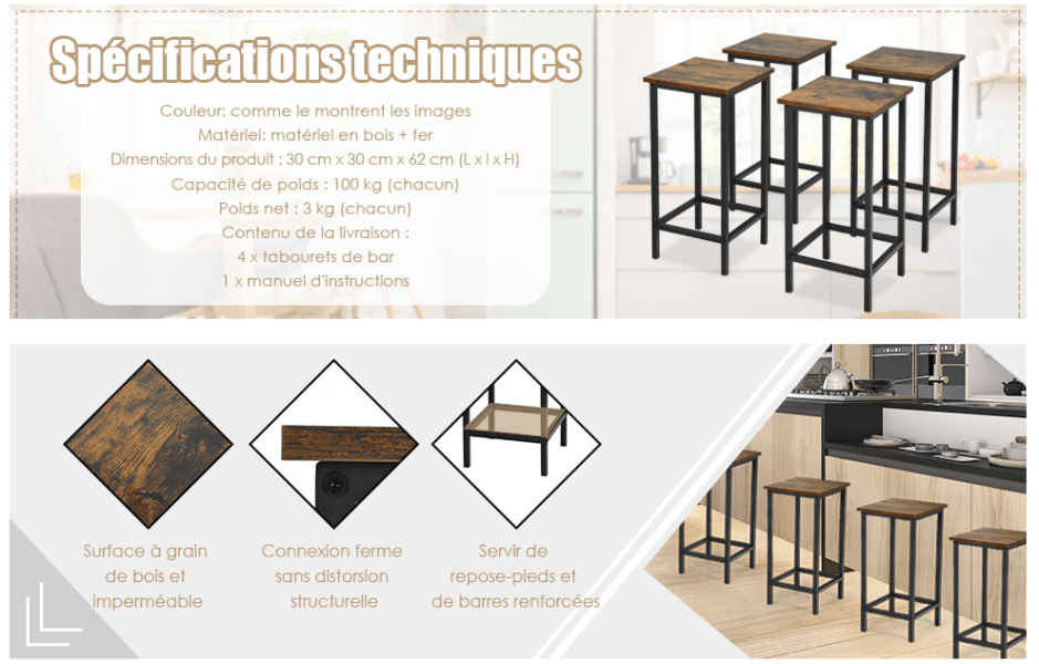 COSTWAY Lot De 4 Tabourets De Bar Avec Repose-Pieds,Chaises De Bar Style Moderne,Tabouret Haut 62 CM Pour Cuisine,Café,Bistro,Marron -Homcomes Boutique AAHKMJXYDAFdJAOAIMEbOAchxxmgmvIItZS6o7wq5RbzOezTYu Su7VNV