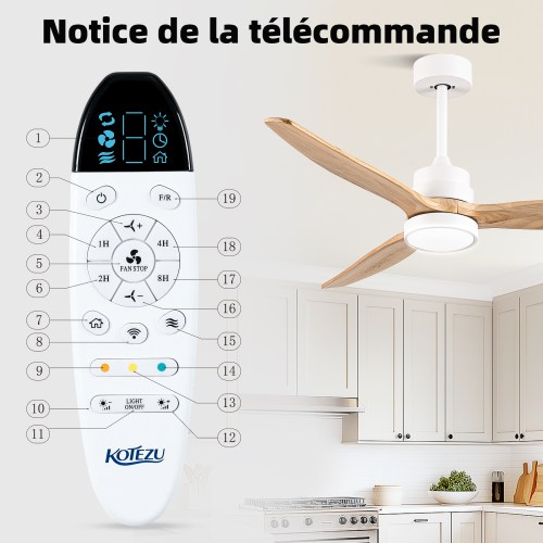 Écran Arrêt général – Éteint la ventilation et l'éclairage Vitesse + (ventilateur) Minuterie 1h – À la fin du délai, éteint la ventilation et l'éclairage Arrêt ventilateur – Éteint le ventilateur (bouton également utilisé pour l'Appairage) Minuterie 2h – À la fin du délai, éteint la ventilation et l'éclairage Mode anti-intrusion – Un court appui sur ce bouton active/désactive le mode. Une fois activé : La lumière s'allume 30 minutes toutes les 150 minutes en cycle automatique (simulation de présence). Le mode se désactive automatiquement si un court appui est détecté sur tout autre bouton de commande (sauf ceux dédiés à la luminosité et à la température de couleur). Wi-Fi – Appairage avec l'application TUYA Lumière jaune – Active la lumière jaune Luminosité – : Appui long pour diminuer l'intensité lumineuse Arrêt éclairage – Éteint l'éclairage Luminosité + : Appui long pour augmenter l'intensité lumineuse Lumière neutre – Active un mélange de lumière jaune et blanche Lumière blanche – Active la lumière blanche Ventilation naturelle – Si le ventilateur est en marche, active le mode variable (vitesse cyclique bas-haut-bas). S'il est arrêté, démarre le ventilateur en mode ventilation naturelle (démarre à la vitesse 1). Vitesse – (ventilateur) Minuterie 8h – À la fin du délai, éteint la ventilation et l'éclairage Minuterie 4h – À la fin du délai, éteint la ventilation et l'éclairage Sens de rotation – F (Mode été) / R (Mode hiver) Remarque 1 : Alimentation – 2 piles AAA 1.5V (non fournies) Remarque 2 : Fonction minuterie – Une fois programmée, elle ne peut être annulée que par la commande d'arrêt général (bouton 2) ou l'arrêt du venti