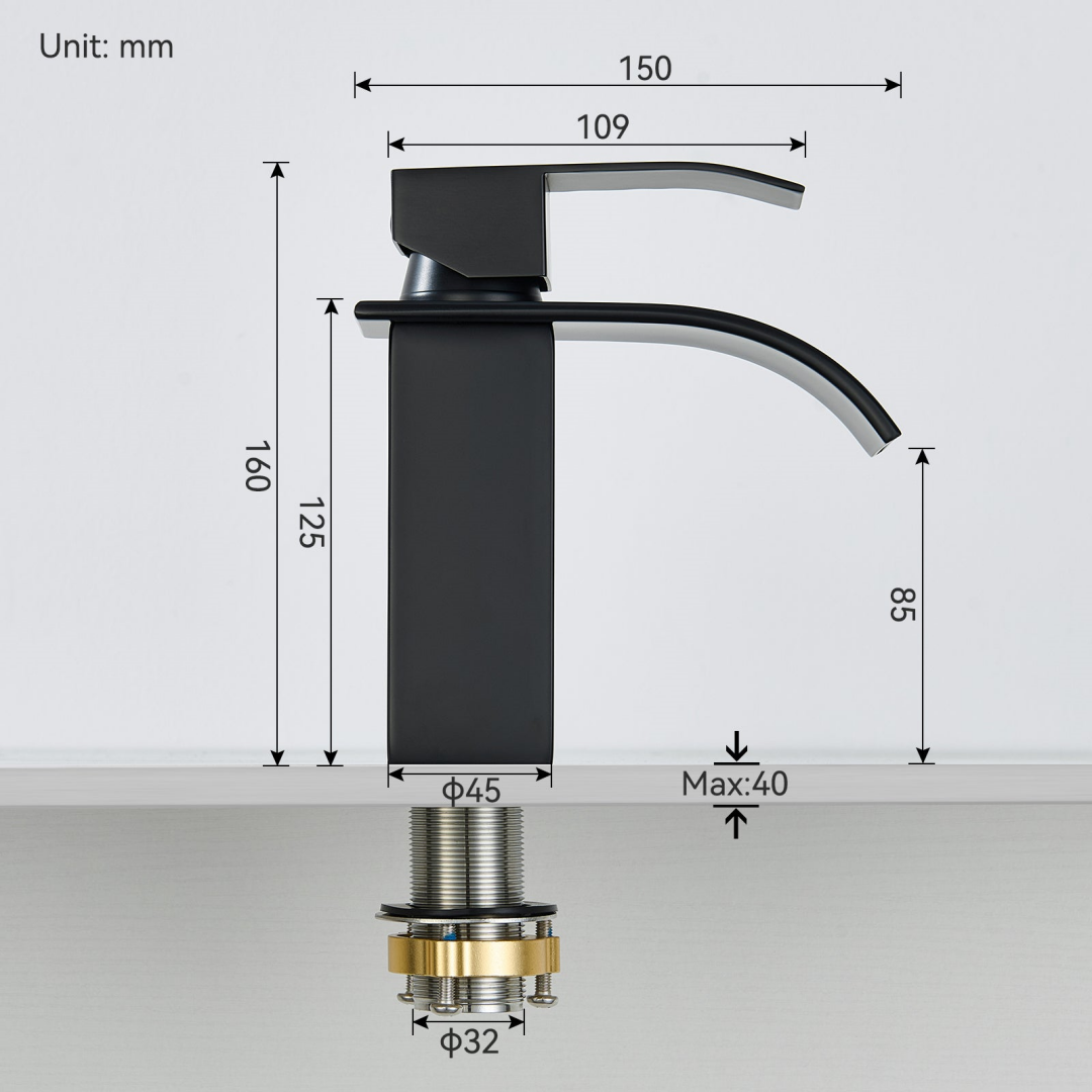 Mitigeur de lavabo noir mat à jet cascade, levier unique — vue 4