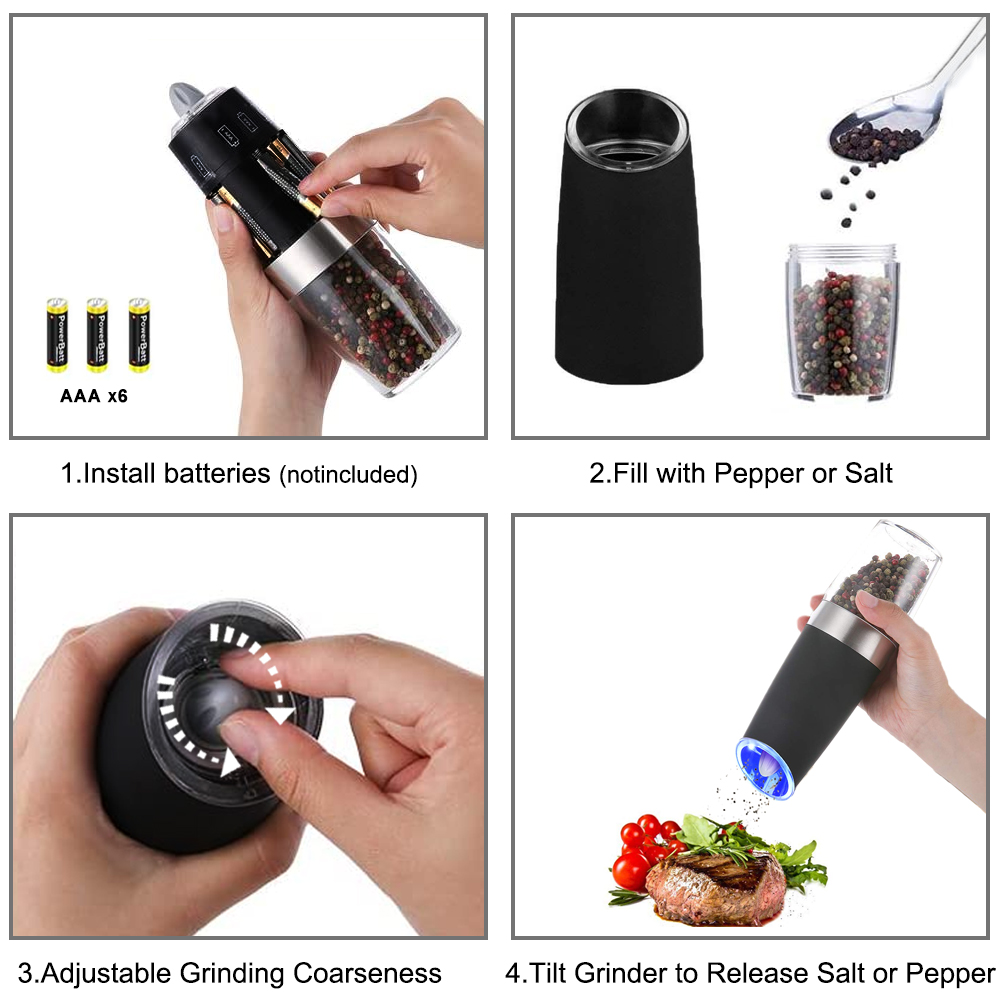 Ensemble De Moulin à Poivre Électrique Par Gravité, Lumière LED Bleu, Et Grossièreté Réglable, Fonctionnement à Une Main/ Sur Batterie, Noir/Argenté -Promos Gout Cuisine Boutique AAHKMJXYDAFdJAOAIMEbOAchyxnZbo9Kty7R s5oTT0wTrxv0ZE7