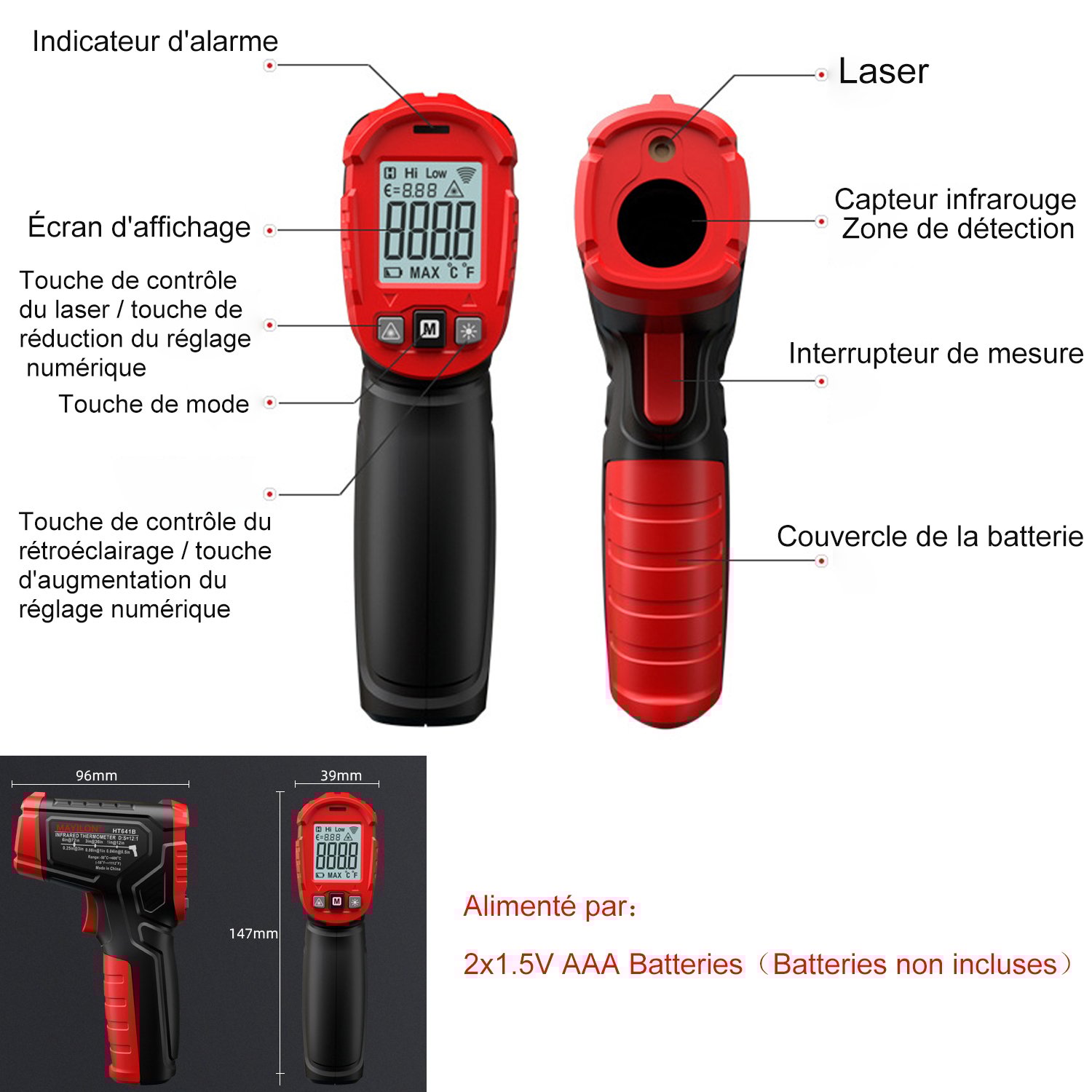 Thermometre Infrarouge, -58 °F A 1112 °F (-50 °C A 600 °C) Pistolet De Temperature Laser Numerique Sans Contact, Avec écran LCD Rétroéclairé, Pile Non Incluse -Promos Brico Forte Boutique AAHKMJXYDAFdJAOAIMEbOAchyxnZbo9Kty7R s5oTT0wTrxv0ZE7