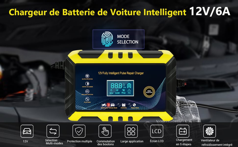 Auto Batterie Ladegerät - SDLOGAL Intelligentes Batterie Ladegerät 12V/6A,  LCD-Display, Batterie-Ladegerät Halterung