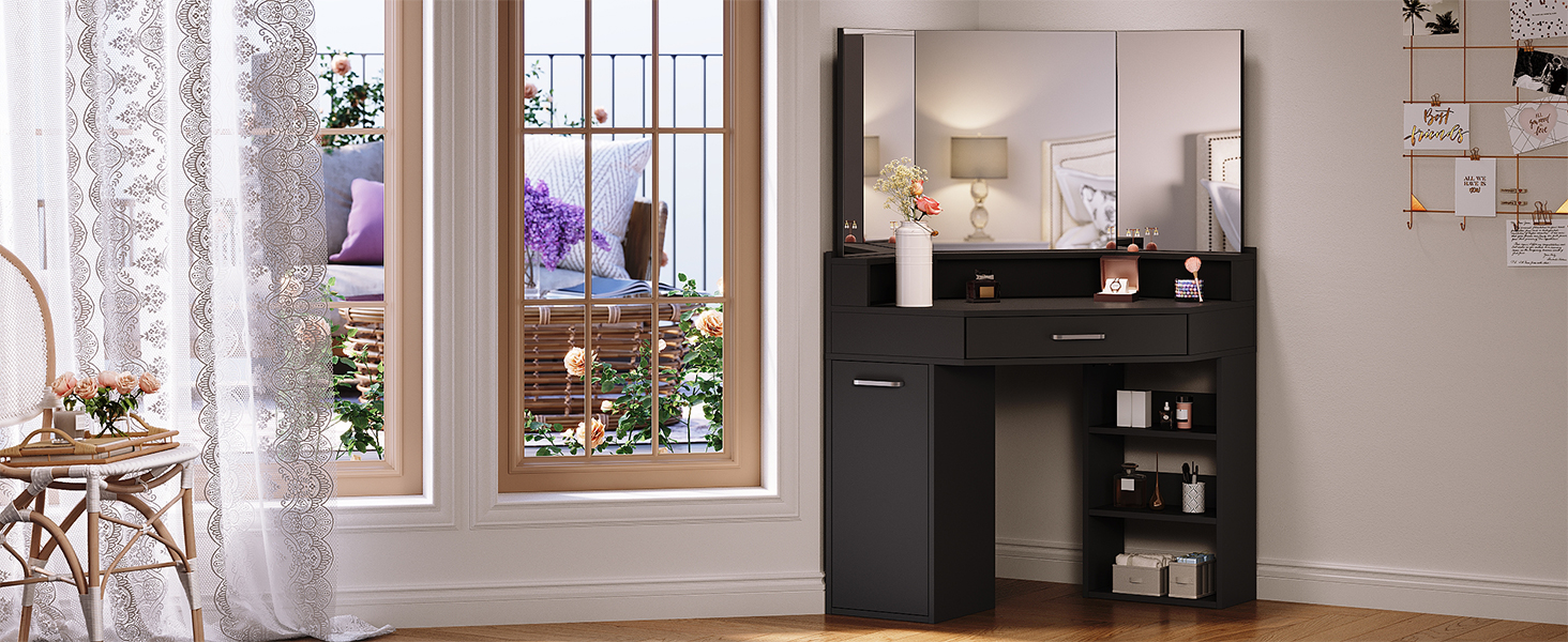 ELEGANT Corner Dressing Table with 3 Large Movable Triple Mirror, 3 Open  Compartments and 2 Drawers, Black Design Single Table