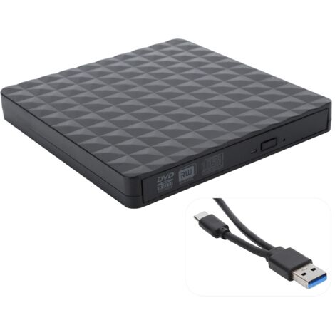 Externer DVD-Brenner mit USB- und Typ-C-Anschlüssen, kompatibel mit Windows, Linux und macOS.