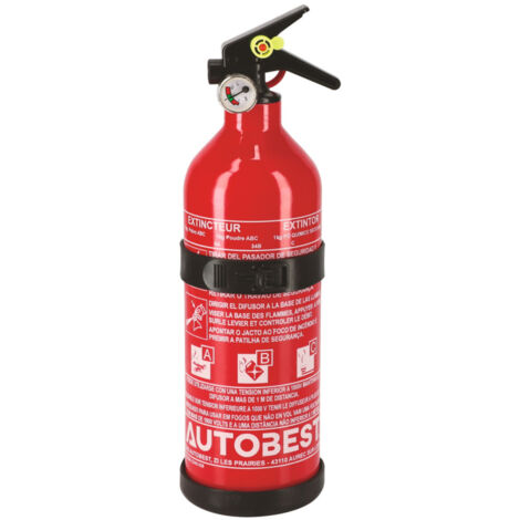 Autobest – Extincteur à poudre 1kg classe ABC avec manomètre – Pour feux A, B et C – Compact et léger – Support mural inclus