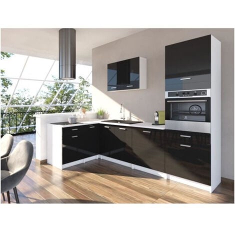 EXTRA - Cuisine comple?te d'angle colonne L 300cm - Noir Laqué