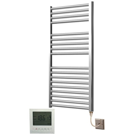 Extra High Heat Output Chrome Electric Towel Rail 500 x 1000mm Flat Bathroom Radiator Heater + 7 Day  Timer/Thermostat