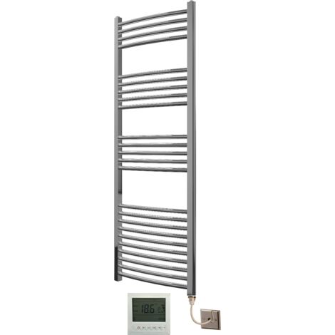 Extra High Heat Output Chrome Electric Towel Rail 500 x 1500mm Curved Bathroom Radiator Heater + 7 Day Timer/Thermostat