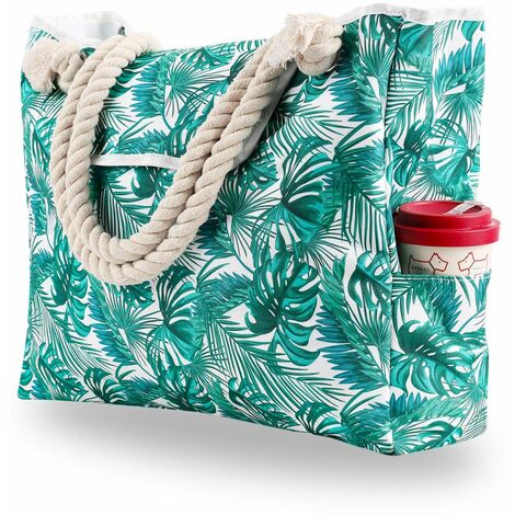 Extra Large Beach Bag Women, Waterproof Sandproof Oversized Canvas Tote with Pockets for Gym Yoga Pool Swim, Family Travel Essentials Accessories, Vacation Stuff Supplies, Green Palm Leaf Tropical