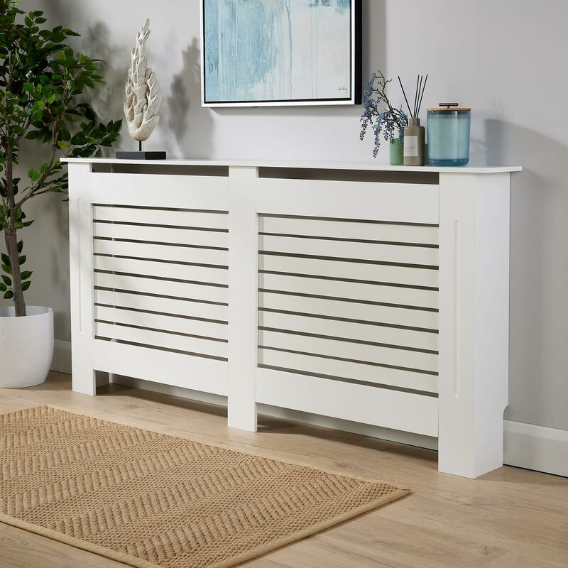 York - Extra Large White Radiator Cover Wooden MDF Wall Cabinet Shelf Slatted Grill