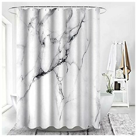 Extra Long Marbled Fabric Shower Curtain in White and Gray Fabric with Chic 3D Crack Pattern Modern Bathroom Decor Water Repellent 72 x 84