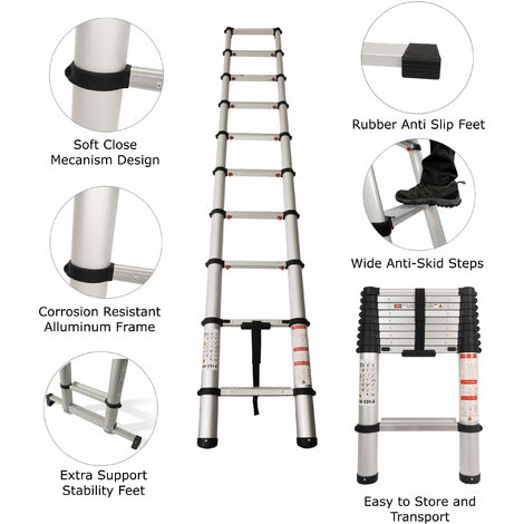 Extra Wide Telescopic Ladder with Soft Close Design - 2.6m