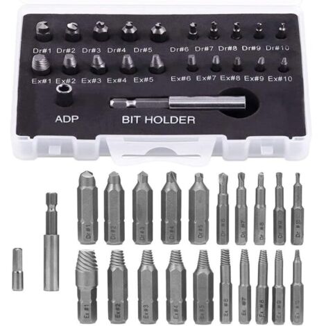Extracteur de vis cassées 22 pièces – Acier HSS – Embouts Dr1-Dr10 – Extracteurs Ex1-Ex10 – Adaptateur de douille 4 mm