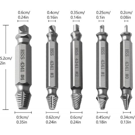Extracteur de vis professionnel 5 pièces, extracteurs de vis endommagés, acier rapide, pour vis défectueuses, boulons et broches métalliques (argent)
