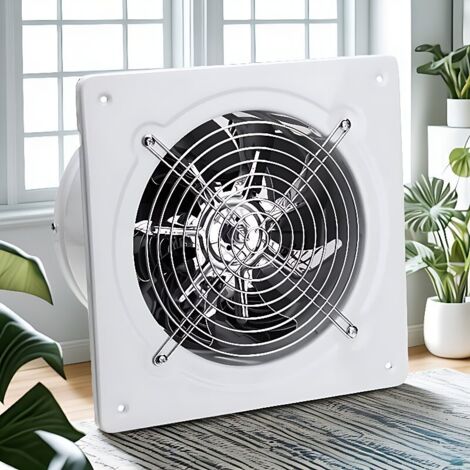 Extractor de aire axial de pared de 4", color blanco, con cubierta de acero inoxidable y motor de cobre, protección contra sobrecalentamiento, para cocina y baño.